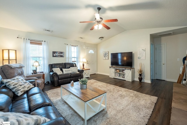 1198 Dalrymple Rd, Anderson, SC 29621 - living area with a ceiling fan, dark wood finished floors, vaulted ceiling, and baseboards