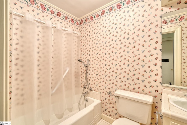 129 E Main St, Duncan, SC 29334 - bathroom featuring wallpapered walls, tile patterned flooring, toilet, ornamental molding, and  shower combination