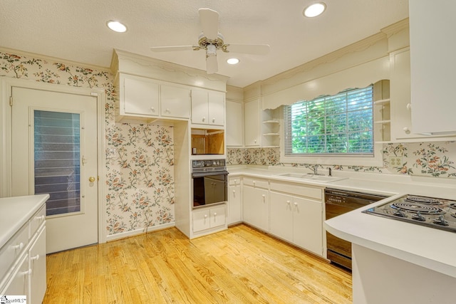 129 E Main St, Duncan, SC 29334 - kitchen featuring black appliances, open shelves, a sink, ceiling fan, and light wood-style floors