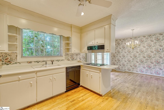 129 E Main St, Duncan, SC 29334 - kitchen with black dishwasher, open shelves, wallpapered walls, a sink, and light wood-style flooring
