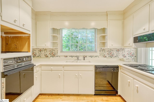 129 E Main St, Duncan, SC 29334 - kitchen with open shelves, black appliances, a sink, and healthy amount of natural light