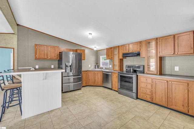 118 Quail Rd, Ninety Six, SC 29666 - kitchen with stainless steel appliances, under cabinet range hood, vaulted ceiling, a sink, and glass insert cabinets