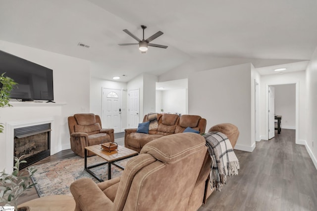 205 Glastonbury Dr, Greer, SC 29651 - living area with a ceiling fan, vaulted ceiling, wood finished floors, baseboards, and recessed lighting