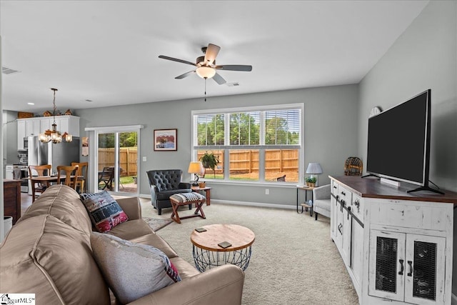 610 Circinae Rd, Cowpens, SC 29330 - living area featuring light colored carpet, a chandelier, ceiling fan, and baseboards