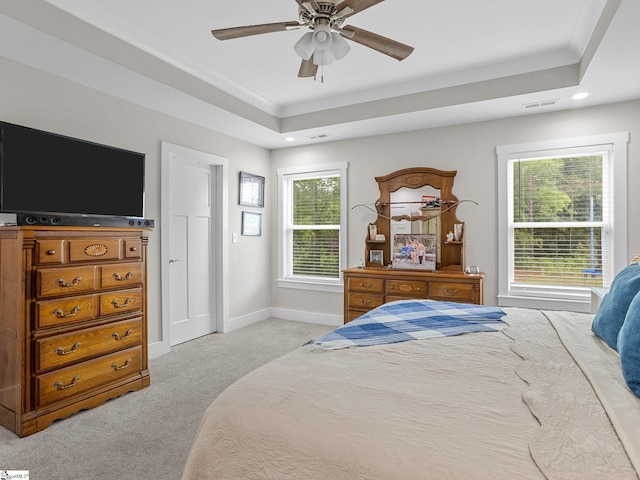 225 Aldrich Rd, Chesnee, SC 29323 - bedroom with a raised ceiling, light colored carpet, baseboards, ceiling fan, and recessed lighting