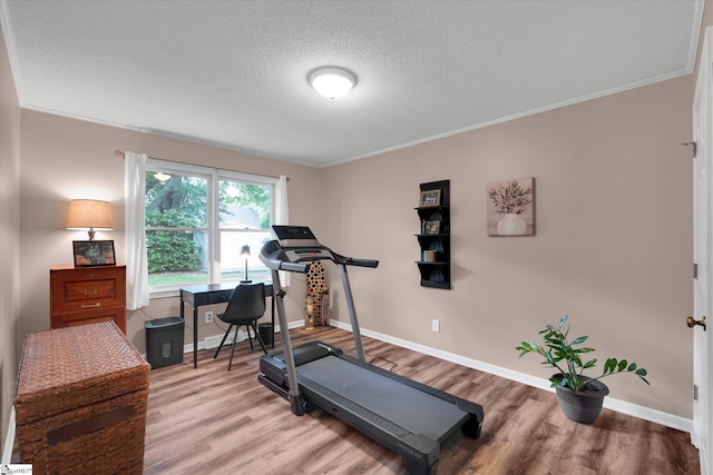 108 Hancock Ln, Greer, SC 29650 - workout area with a textured ceiling, light wood-style flooring, crown molding, and baseboards