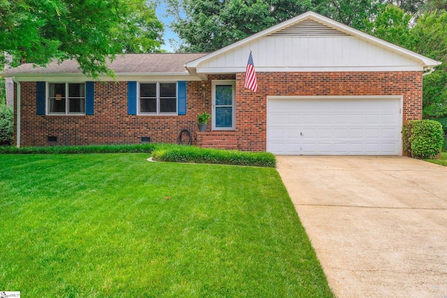 108 Hancock Ln, Greer, SC 29650 - single story home featuring driveway, brick siding, a front lawn, board and batten siding, and crawl space