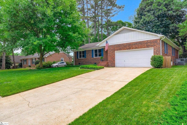 108 Hancock Ln, Greer, SC 29650 - ranch-style house with brick siding, a front yard, driveway, a garage, and board and batten siding
