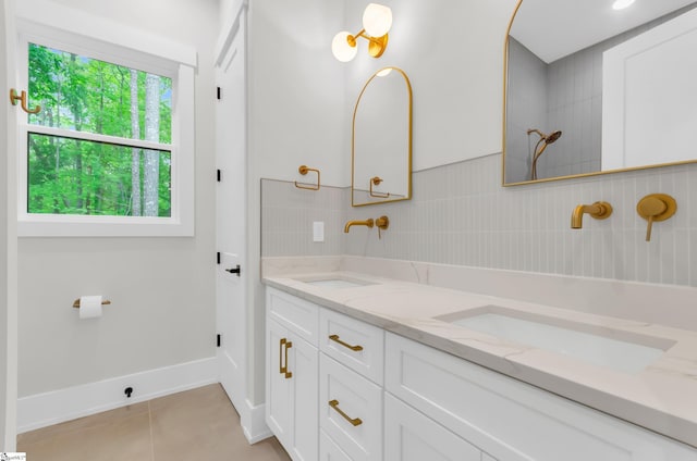 120 Thomason View Rd, Fountain Inn, SC 29644 - bathroom with double vanity, tile patterned flooring, and tiled shower