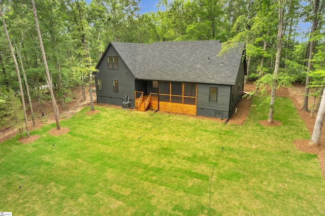 120 Thomason View Rd, Fountain Inn, SC 29644 - view of front of property featuring crawl space, roof with shingles, a front lawn, and a sunroom