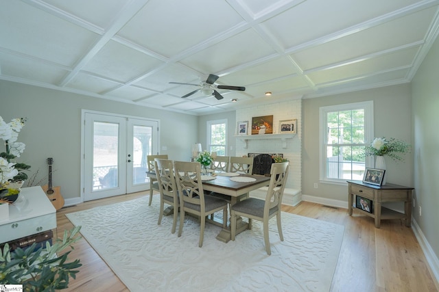 251 Williams Rd, Pelzer, SC 29669 - dining room with coffered ceiling, french doors, healthy amount of natural light, baseboards, and light wood-style flooring