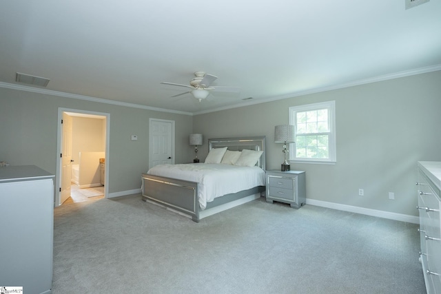 251 Williams Rd, Pelzer, SC 29669 - bedroom with ornamental molding, light carpet, baseboards, a ceiling fan, and ensuite bath