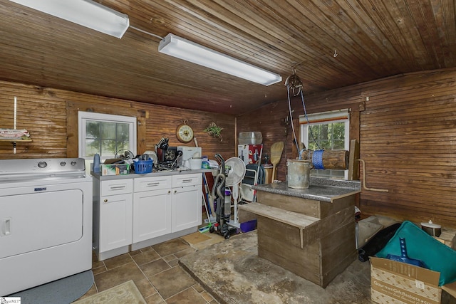 2444 Abner Creek Rd, Duncan, SC 29334 - laundry room featuring washer / clothes dryer, wood walls, cabinet space, and wood ceiling