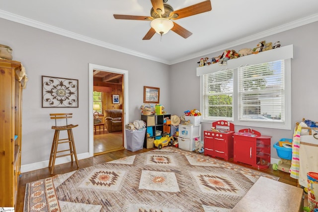 600 Gulliver St, Fountain Inn, SC 29644 - rec room with wood finished floors, ornamental molding, ceiling fan, and baseboards