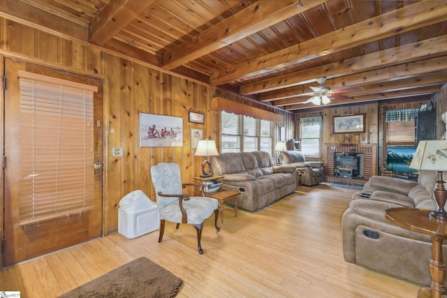 600 Gulliver St, Fountain Inn, SC 29644 - living area with wooden walls, wood-type flooring, wood ceiling with exposed beams, and ceiling fan
