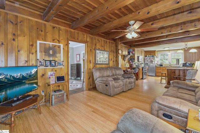 600 Gulliver St, Fountain Inn, SC 29644 - living area with light wood-type flooring, wood ceiling with exposed beams, wood walls, and ceiling fan
