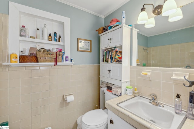 600 Gulliver St, Fountain Inn, SC 29644 - bathroom with tile walls, a tile shower, toilet, ornamental molding, and vanity