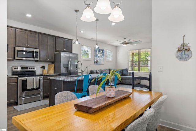 508 W D Ave, Easley, SC 29640 - dining area featuring dark wood-style flooring, recessed lighting, baseboards, and ceiling fan