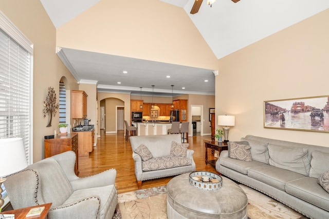 204 Whitworth Way, Simpsonville, SC 29681 - living area with arched walkways, light wood finished floors, high vaulted ceiling, a ceiling fan, and recessed lighting