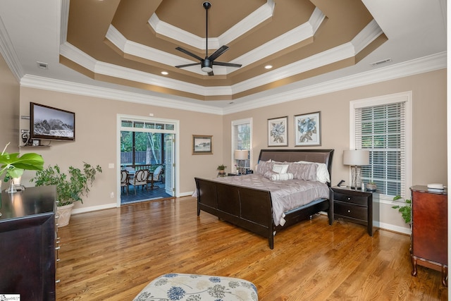 204 Whitworth Way, Simpsonville, SC 29681 - bedroom featuring access to outside, a raised ceiling, crown molding, light wood finished floors, and baseboards