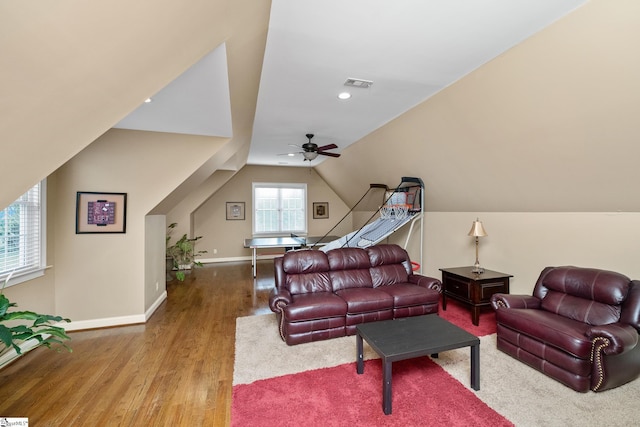 204 Whitworth Way, Simpsonville, SC 29681 - living room with wood finished floors, a ceiling fan, vaulted ceiling, baseboards, and recessed lighting