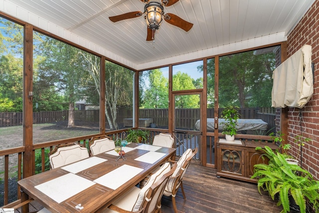 204 Whitworth Way, Simpsonville, SC 29681 - sunroom with outdoor dining space, a ceiling fan, a jacuzzi, and view of scattered trees