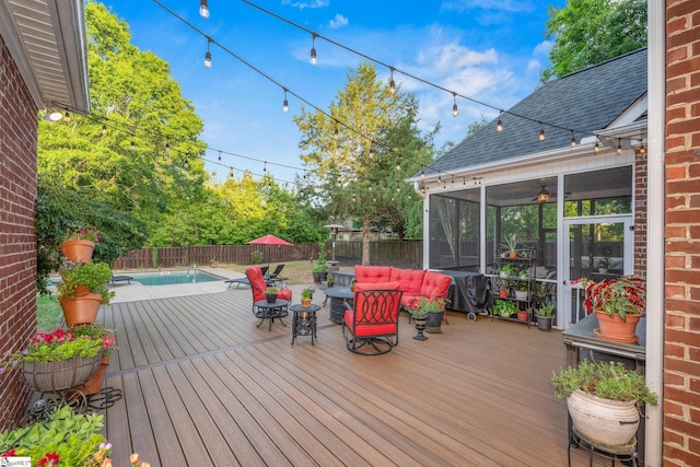 204 Whitworth Way, Simpsonville, SC 29681 - wooden deck with a sunroom, a fenced backyard, a grill, and outdoor lounge area