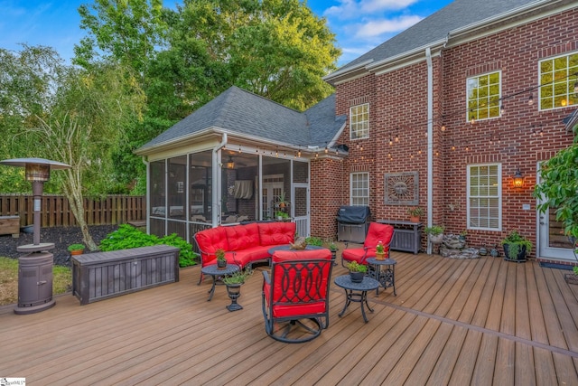 204 Whitworth Way, Simpsonville, SC 29681 - wooden deck with a sunroom, outdoor lounge area, and a grill