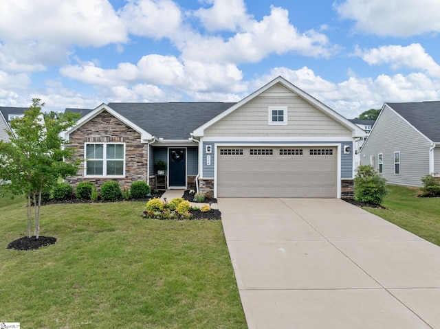 514 Olivia Springs Dr, Spartanburg, SC 29302 - craftsman inspired home featuring stone siding, an attached garage, a front lawn, and driveway