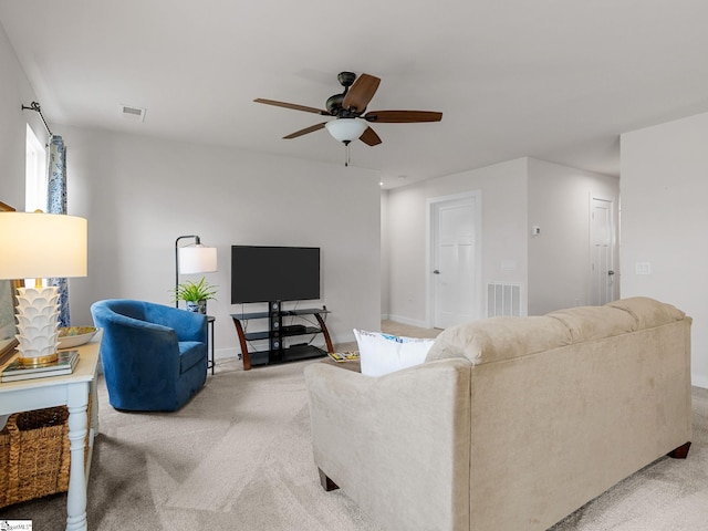 514 Olivia Springs Dr, Spartanburg, SC 29302 - living area featuring light carpet, ceiling fan, and baseboards