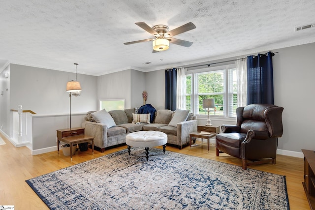 4600 Coach Hill Dr, Greenville, SC 29615 - living area featuring light wood-style floors, a ceiling fan, baseboards, a textured ceiling, and ornamental molding