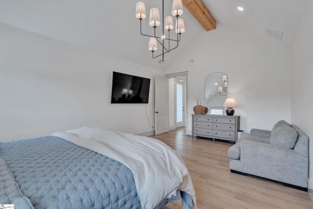 320 Terry Rd, Fountain Inn, SC 29644 - bedroom featuring beamed ceiling, light wood-style flooring, high vaulted ceiling, a chandelier, and baseboards