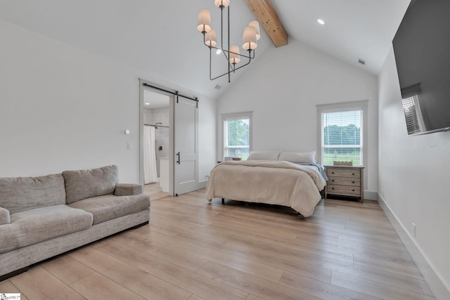 320 Terry Rd, Fountain Inn, SC 29644 - bedroom with a barn door, beamed ceiling, light wood-type flooring, a chandelier, and high vaulted ceiling