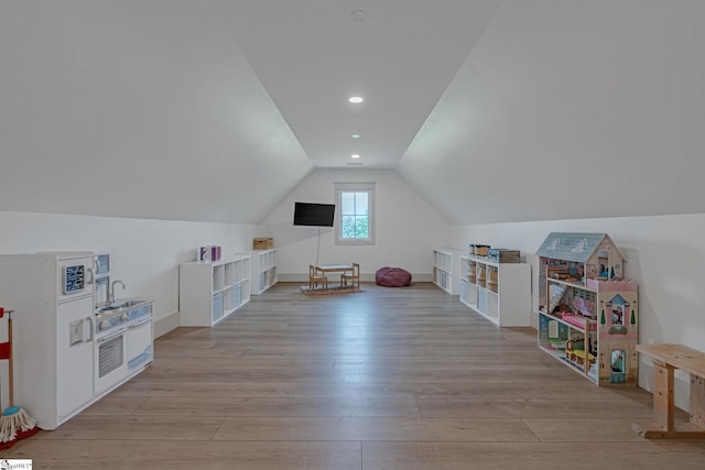 320 Terry Rd, Fountain Inn, SC 29644 - rec room featuring light wood-type flooring, vaulted ceiling, a sink, and recessed lighting