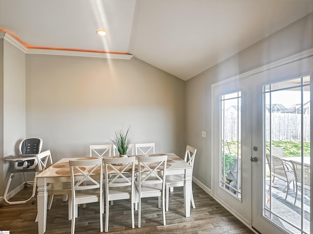 739 Shelburne Ln, Lyman, SC 29365 - dining space with french doors, lofted ceiling, wood finished floors, and baseboards