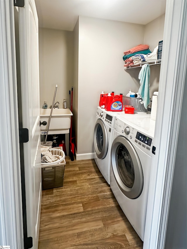 739 Shelburne Ln, Lyman, SC 29365 - washroom with washing machine and dryer, wood finished floors, and baseboards