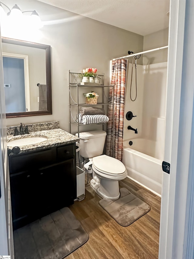 739 Shelburne Ln, Lyman, SC 29365 - bathroom with wood finished floors, toilet, vanity, and shower / bath combination with curtain