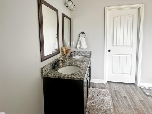 739 Shelburne Ln, Lyman, SC 29365 - bathroom with wood finished floors, double vanity, and baseboards