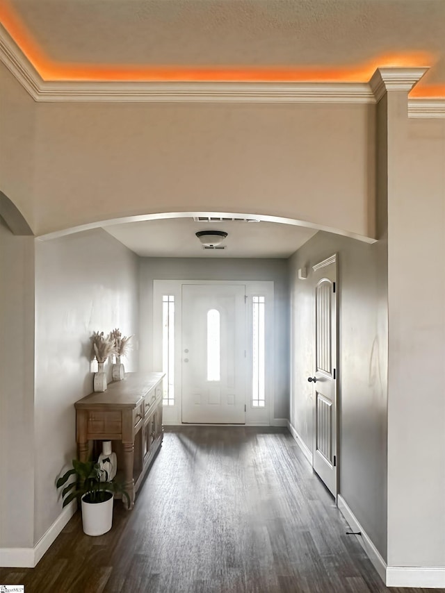 739 Shelburne Ln, Lyman, SC 29365 - entrance foyer featuring dark wood-style floors, baseboards, and arched walkways