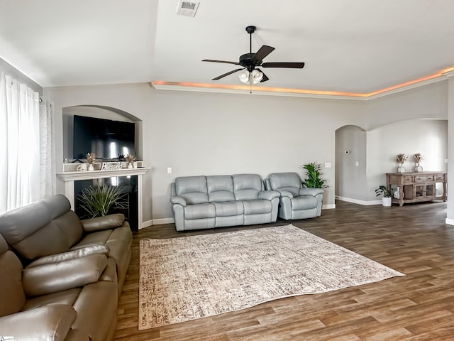 739 Shelburne Ln, Lyman, SC 29365 - living area with arched walkways, ceiling fan, wood finished floors, baseboards, and vaulted ceiling