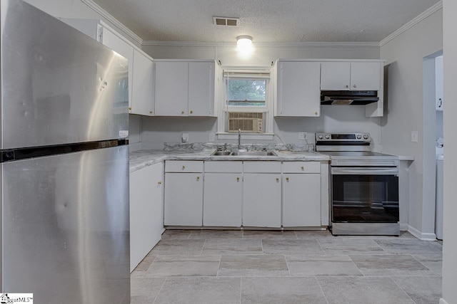 1709 Lyndon Ave, Anderson, SC 29624 - kitchen with appliances with stainless steel finishes, a sink, ornamental molding, under cabinet range hood, and light countertops