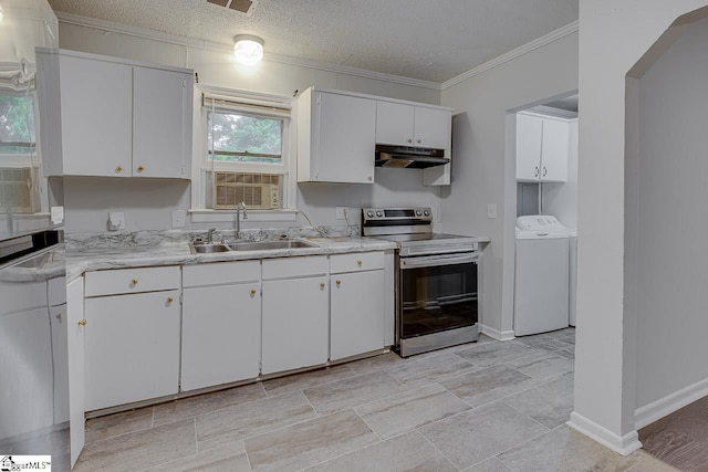 1709 Lyndon Ave, Anderson, SC 29624 - kitchen featuring stainless steel range with electric stovetop, a sink, under cabinet range hood, ornamental molding, and washer and clothes dryer