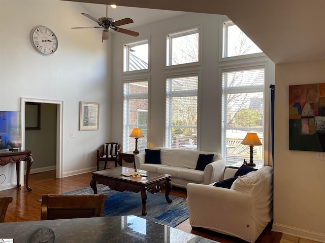 19 Ruby Lake Ln, Simpsonville, SC 29681 - living room featuring a high ceiling, healthy amount of natural light, a ceiling fan, wood finished floors, and baseboards