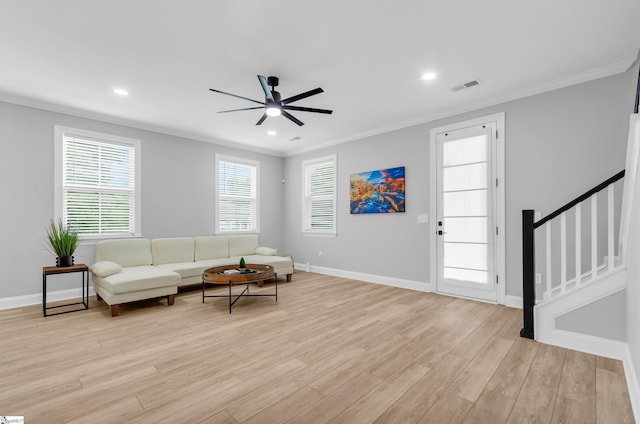 226 Deerview Trl, Simpsonville, SC 29680 - living area featuring ornamental molding, a ceiling fan, light wood-style flooring, stairs, and recessed lighting