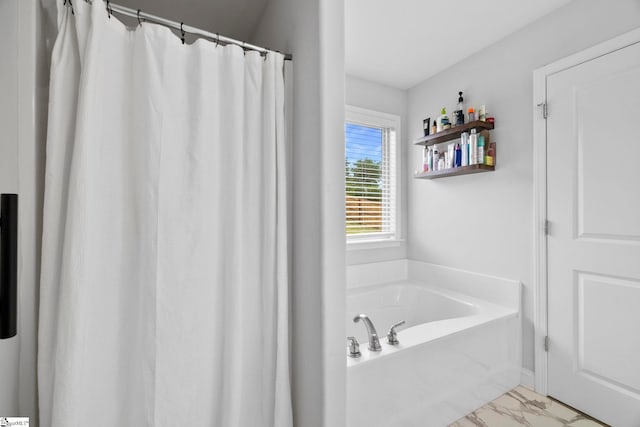 2606 Karkinnen Way, Moore, SC 29369 - bathroom with marble finish floors, a bath, and curtained shower