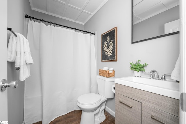 1818 Green St, Anderson, SC 29625 - bathroom with toilet, vanity, crown molding, wood finished floors, and a shower with curtain