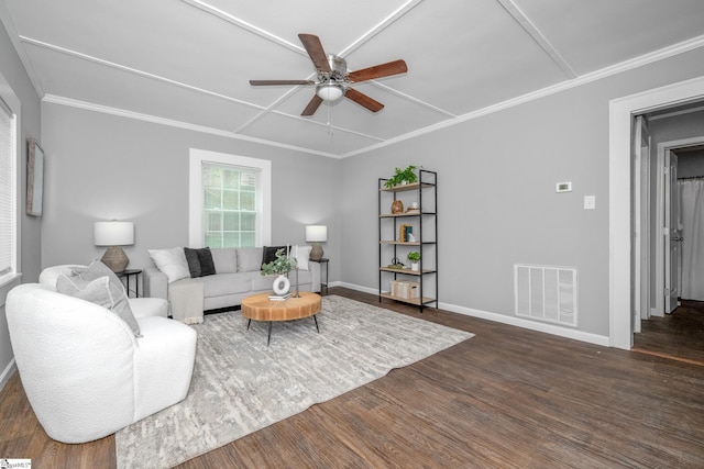 1818 Green St, Anderson, SC 29625 - living area with a ceiling fan, dark wood-style floors, baseboards, and crown molding