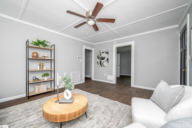 1818 Green St, Anderson, SC 29625 - living room with dark wood-style floors, ceiling fan, baseboards, and ornamental molding