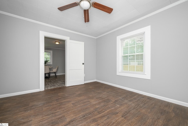 1818 Green St, Anderson, SC 29625 - empty room featuring dark wood-style floors, ornamental molding, a ceiling fan, and baseboards