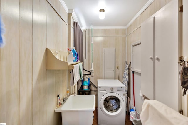 3040 Sunset Forest Rd, Anderson, SC 29626 - laundry area featuring washer / clothes dryer, a sink, and ornamental molding